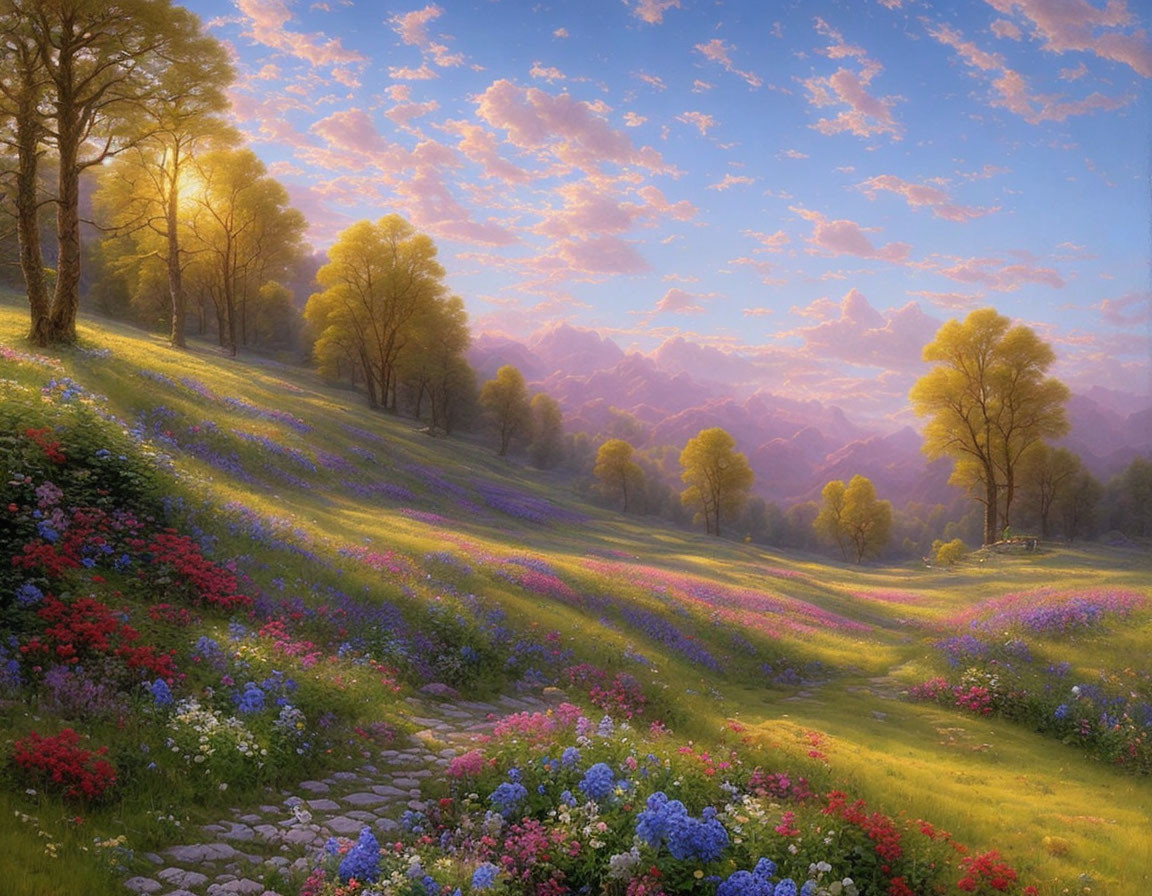 Colorful wildflowers in lush meadow at sunrise with mountains and tranquil sky