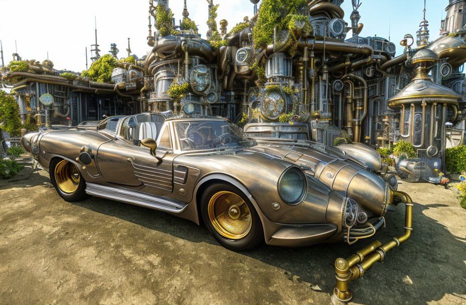 Elaborate metallic car in futuristic steampunk setting