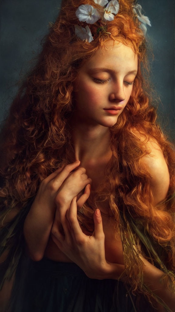 Red-haired woman with white flowers in hair, touching shoulder and chest against moody backdrop