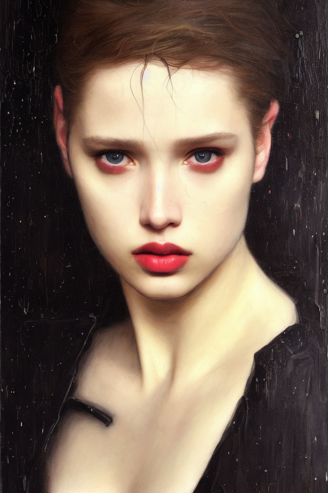 Portrait of person with pale skin, red eyes, full red lips, and dark hair on dark,