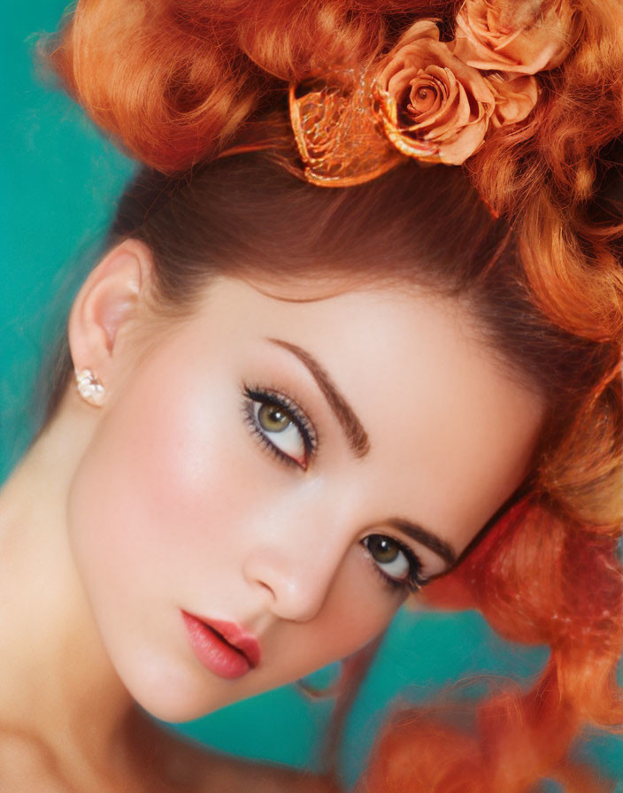 Woman with Blue Eyes and Orange Hair Poses Against Turquoise Background