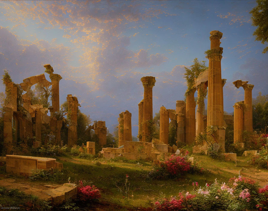 Ancient classical columns in overgrown ruins at dusk