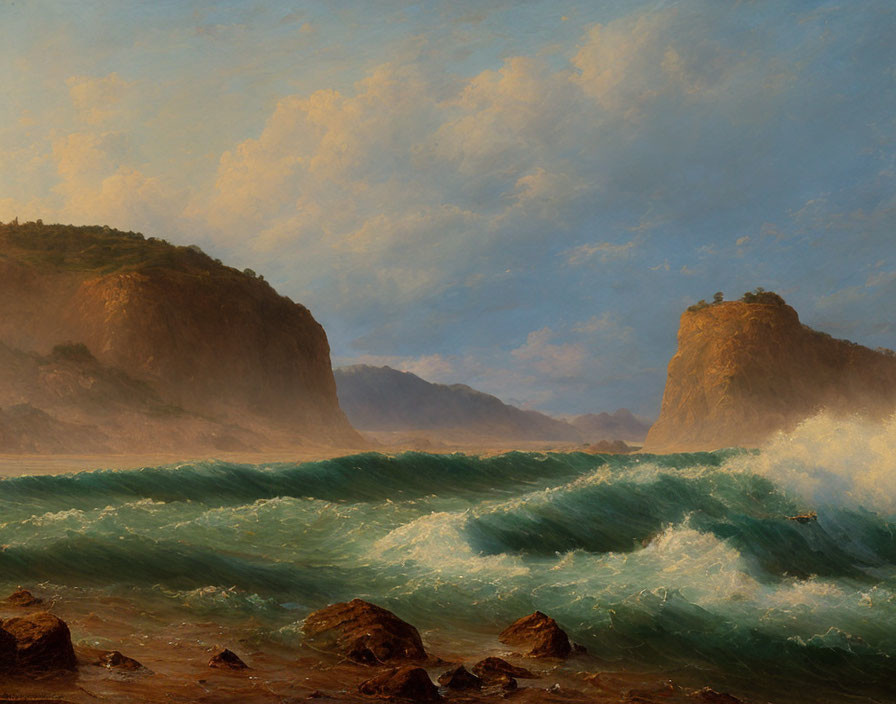 Rocky shore with crashing ocean waves and towering cliffs under a hazy sky