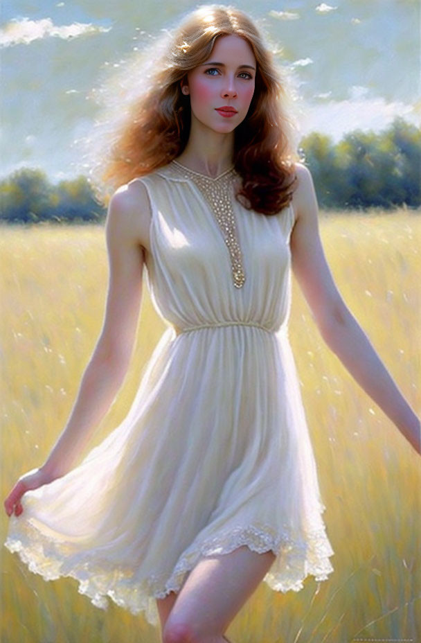 Woman in White Summer Dress Standing in Golden Field with Sunlight