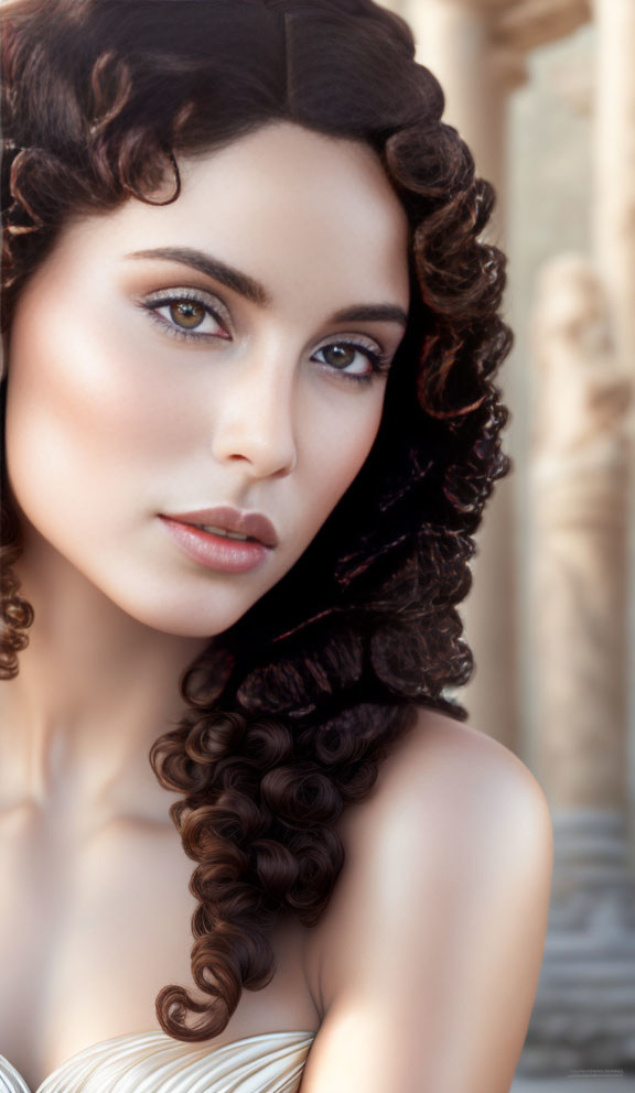 Portrait of Woman with Curly Dark Hair and Striking Eyes against Blurred Architecture