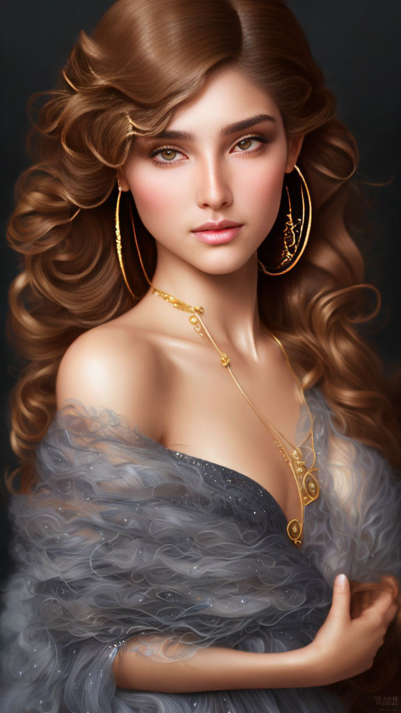 Digital artwork: Woman with flowing brown hair, gold earrings, necklace, and off-the-shoulder