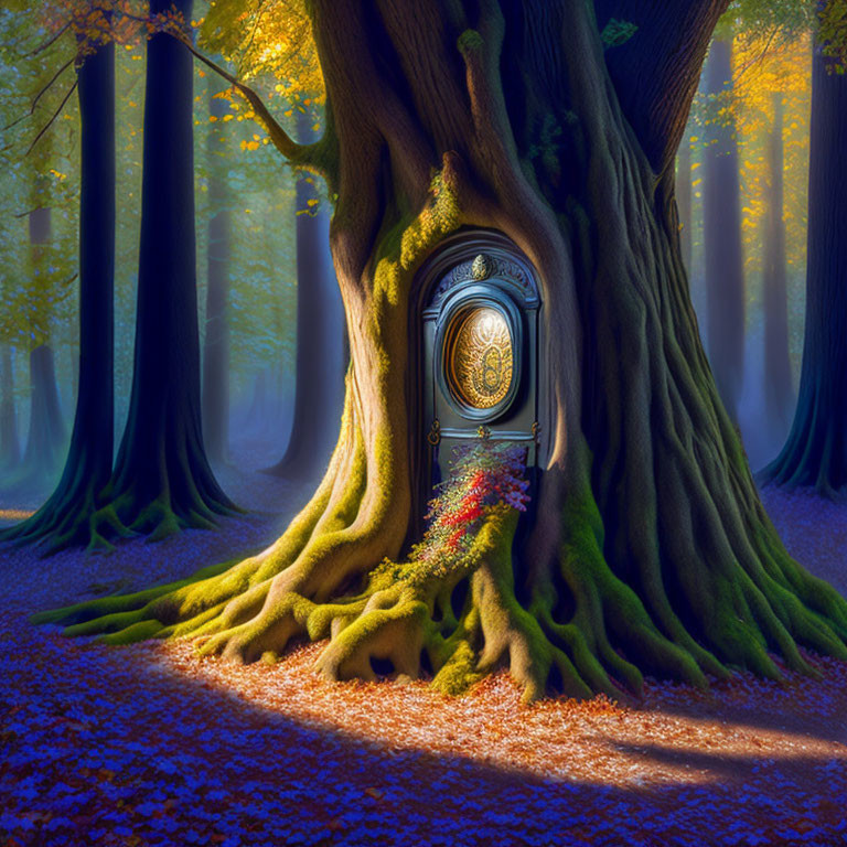 Enchanting forest scene with large tree and whimsical round door