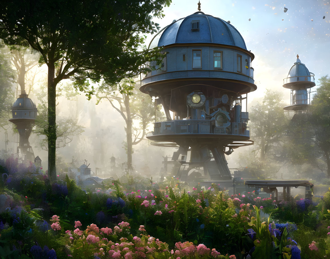 Steampunk-style treehouses in whimsical forest clearing