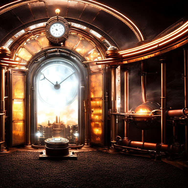 Steampunk-Inspired Room with Copper Walls, Intricate Clocks, and City View