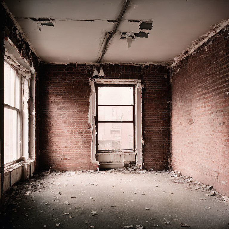 Desolate room with damaged ceiling and peeling walls