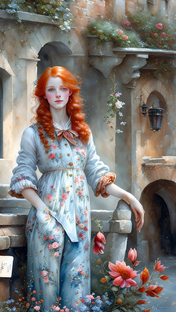 Red-haired woman in floral dress by stone balcony with flowers and lantern.