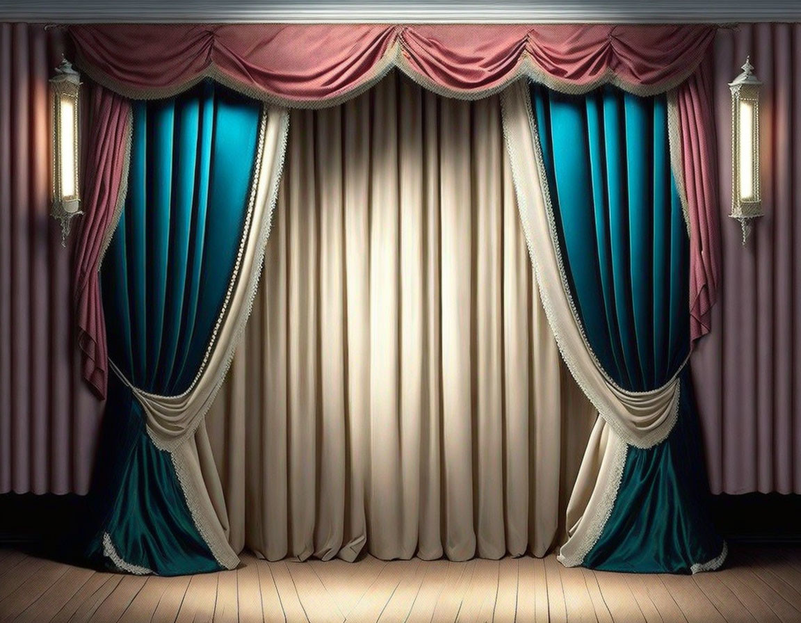 Beige theater stage with closed curtains, teal and pink drapes, spotlit by wall lamps