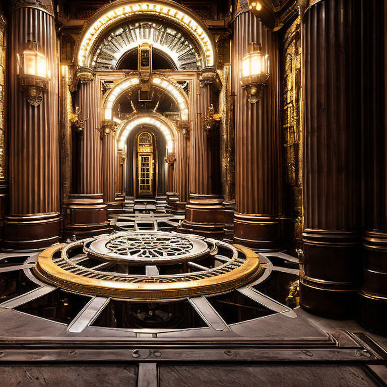 Luxurious room with round floor, ornate columns, golden trim, and illuminated ceiling