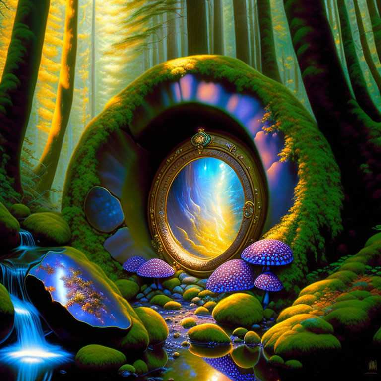 Enchanted forest scene with glowing mirror portal, moss-covered trees, blue mushrooms.