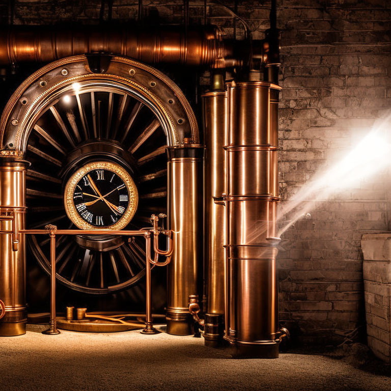 Vintage clock integrated into copper-piped wall with spotlight - Steampunk aesthetic