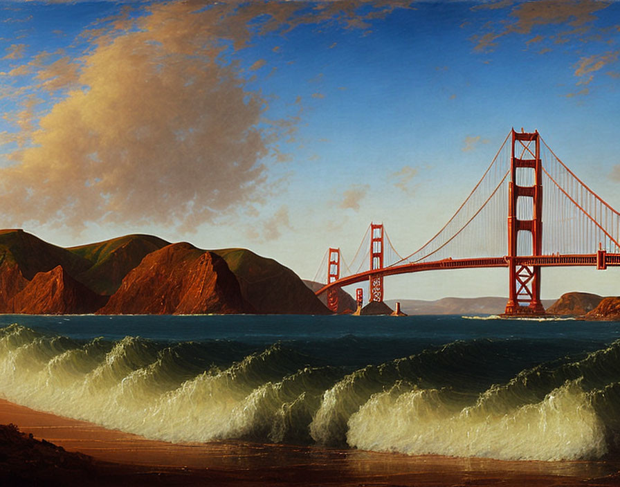 Golden Gate Bridge painting with dramatic clouds and turbulent waves