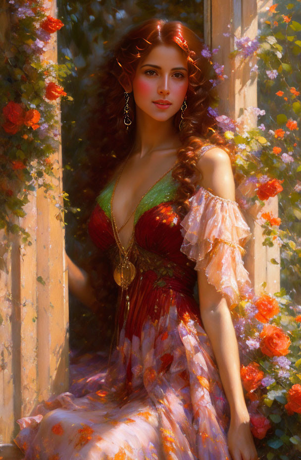 Woman in Floral Dress with Gold Jewelry in Sunlit Garden with Orange Roses