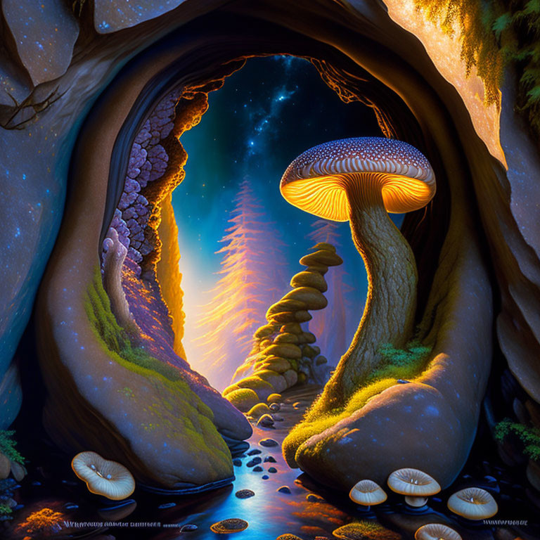 Enchanting night forest with starlit sky and natural mushroom archway