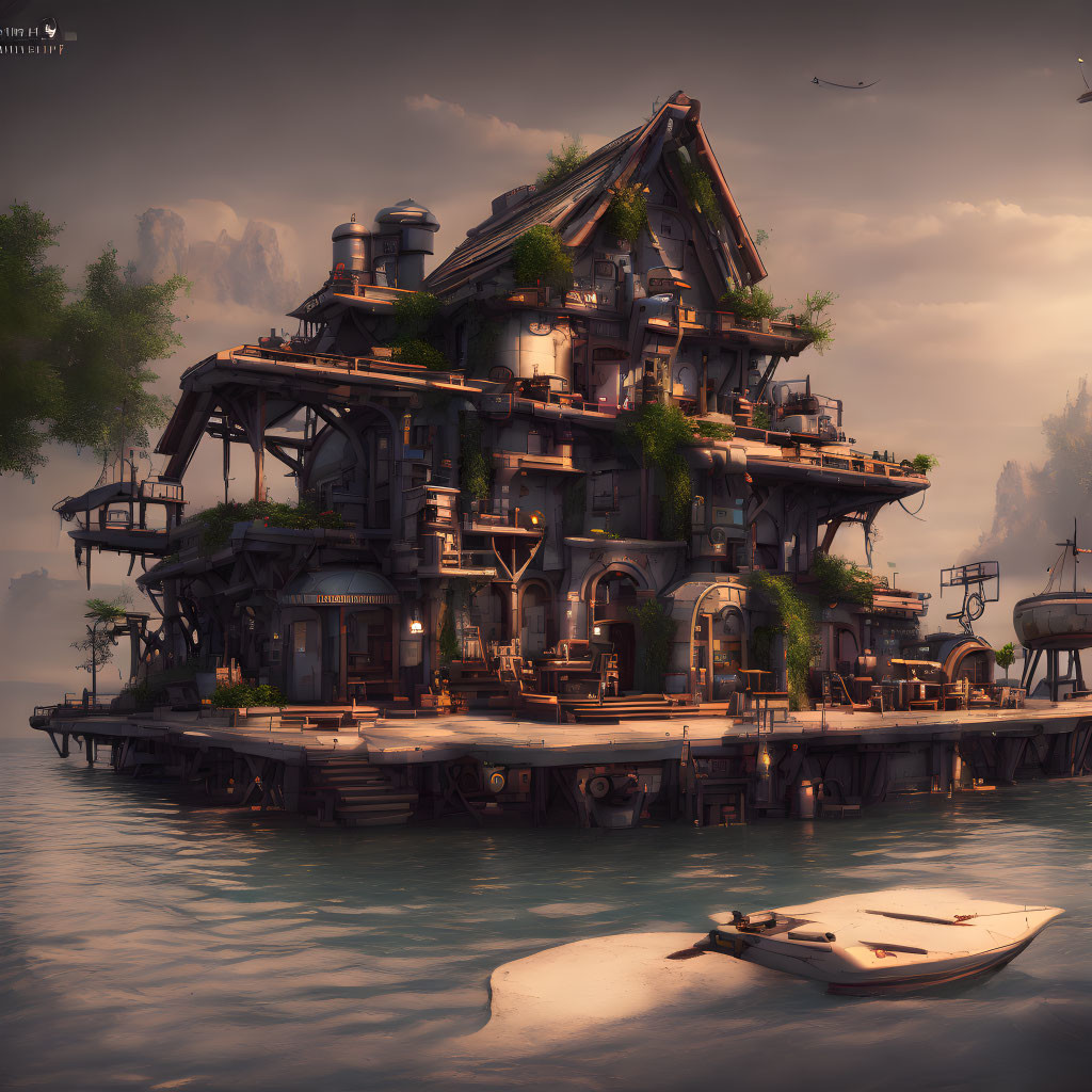 Fantasy house with balconies on water pier at dusk