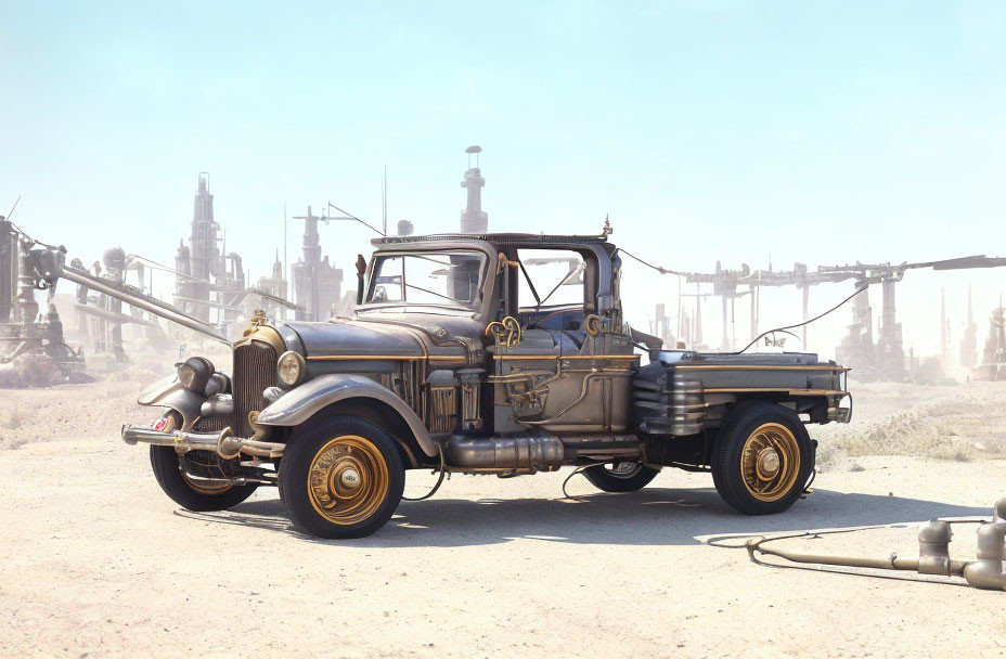 Vintage pickup truck with ornate details in industrial landscape