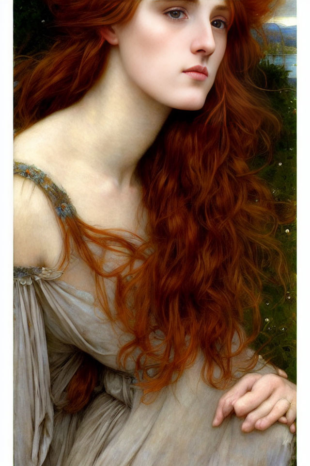 Portrait of Woman with Long Red Hair in Off-Shoulder Dress