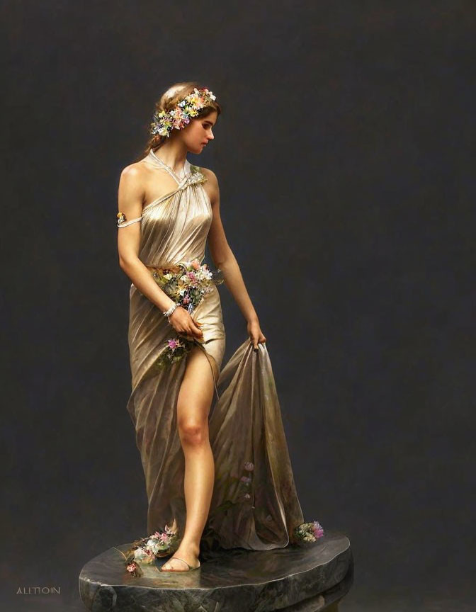 Woman in flowing gown with flowers standing on plinth