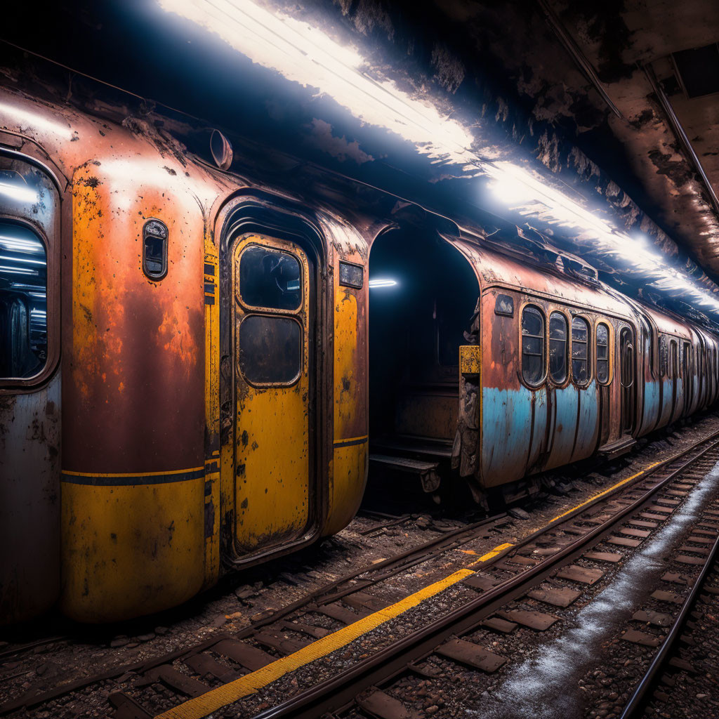 Abandoned rusty train with orange and yellow facade in dimly lit underground station