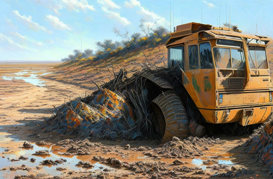 Abandoned yellow tractor in dried-up muddy terrain