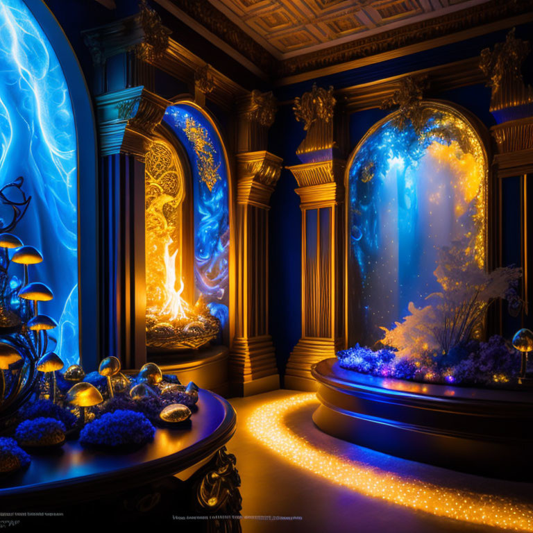 Fantasy interior with glowing portals, elegant columns, orbs, and snowy landscape