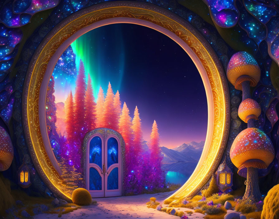 Colorful Fantasy Landscape Through Ornate Archway: Glowing Trees, Mushrooms, Northern Lights,