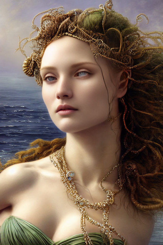 Woman with Gold Head Jewelry, Blue Eyes, Green Dress, Sea and Sky Background