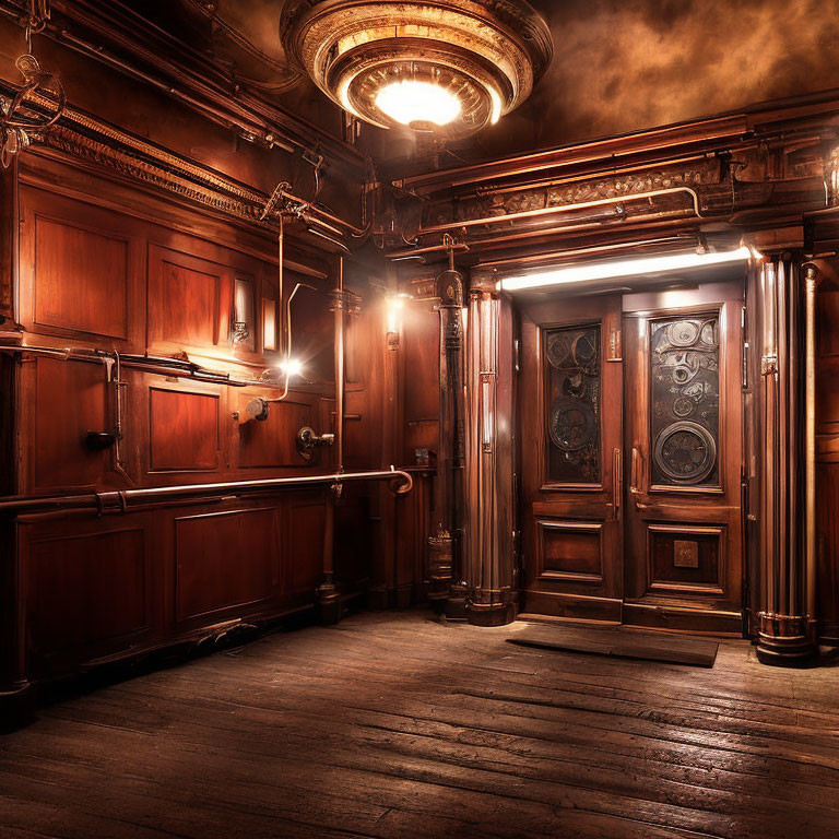 Vintage wooden interior with ornate elevator door, brass fixtures, antique lamps, and chandelier.