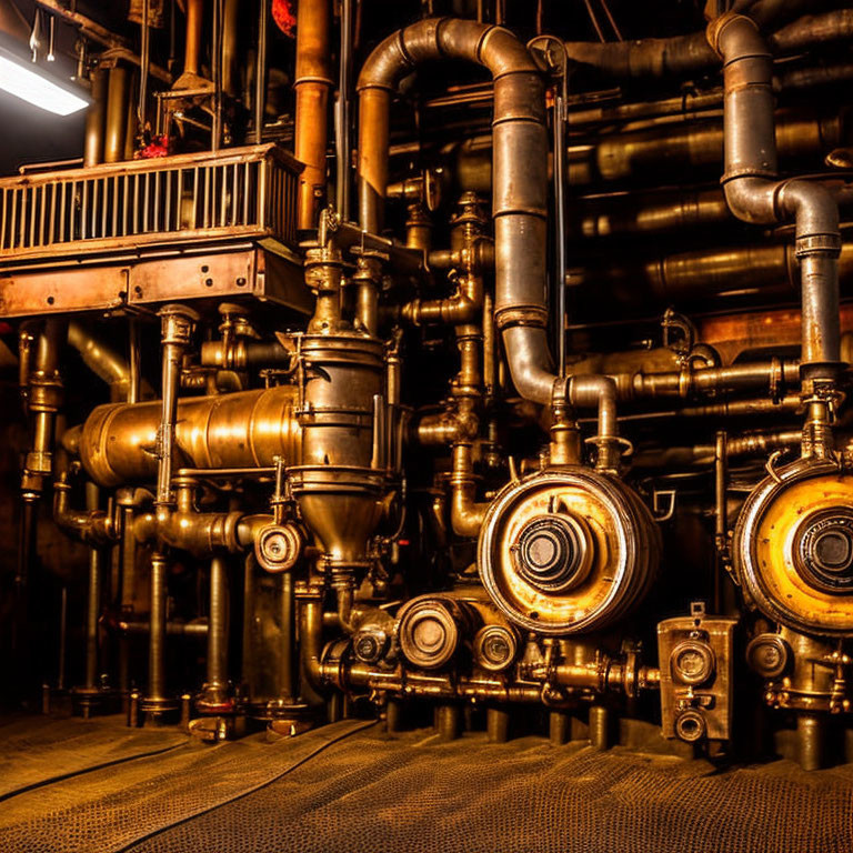 Rusty pipes and pressure gauges in industrial setting with warm glow