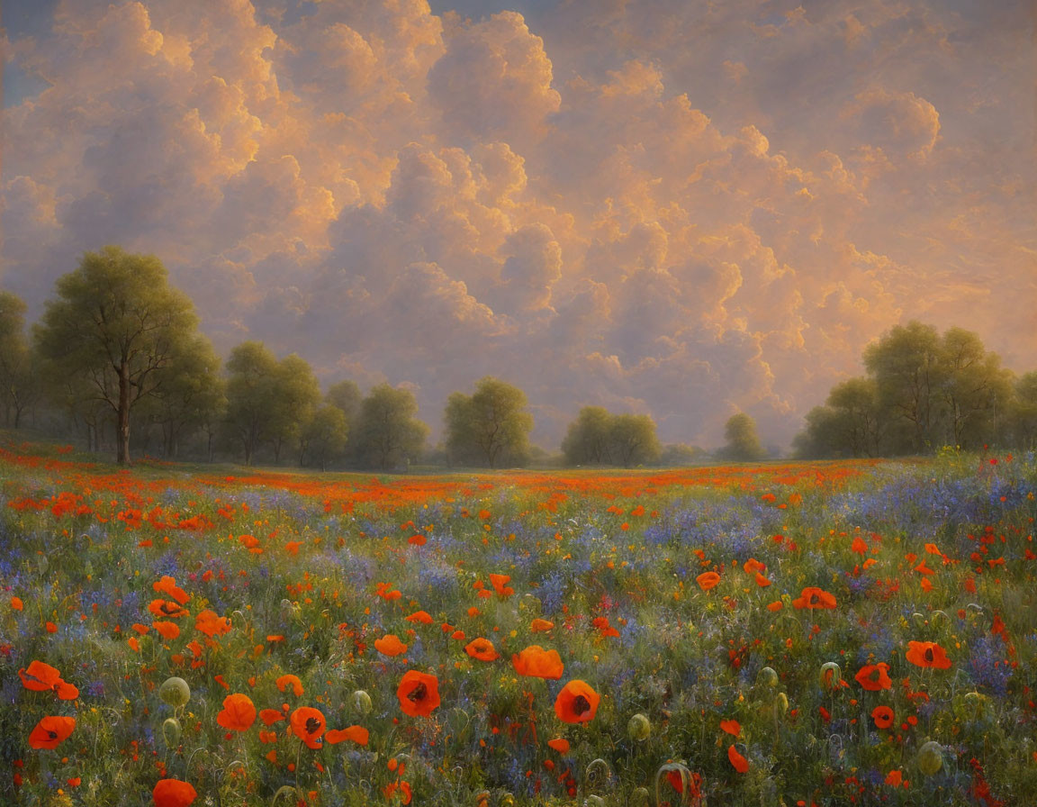 Colorful Landscape Painting: Red Poppies, Blue Wildflowers, Sunset Sky