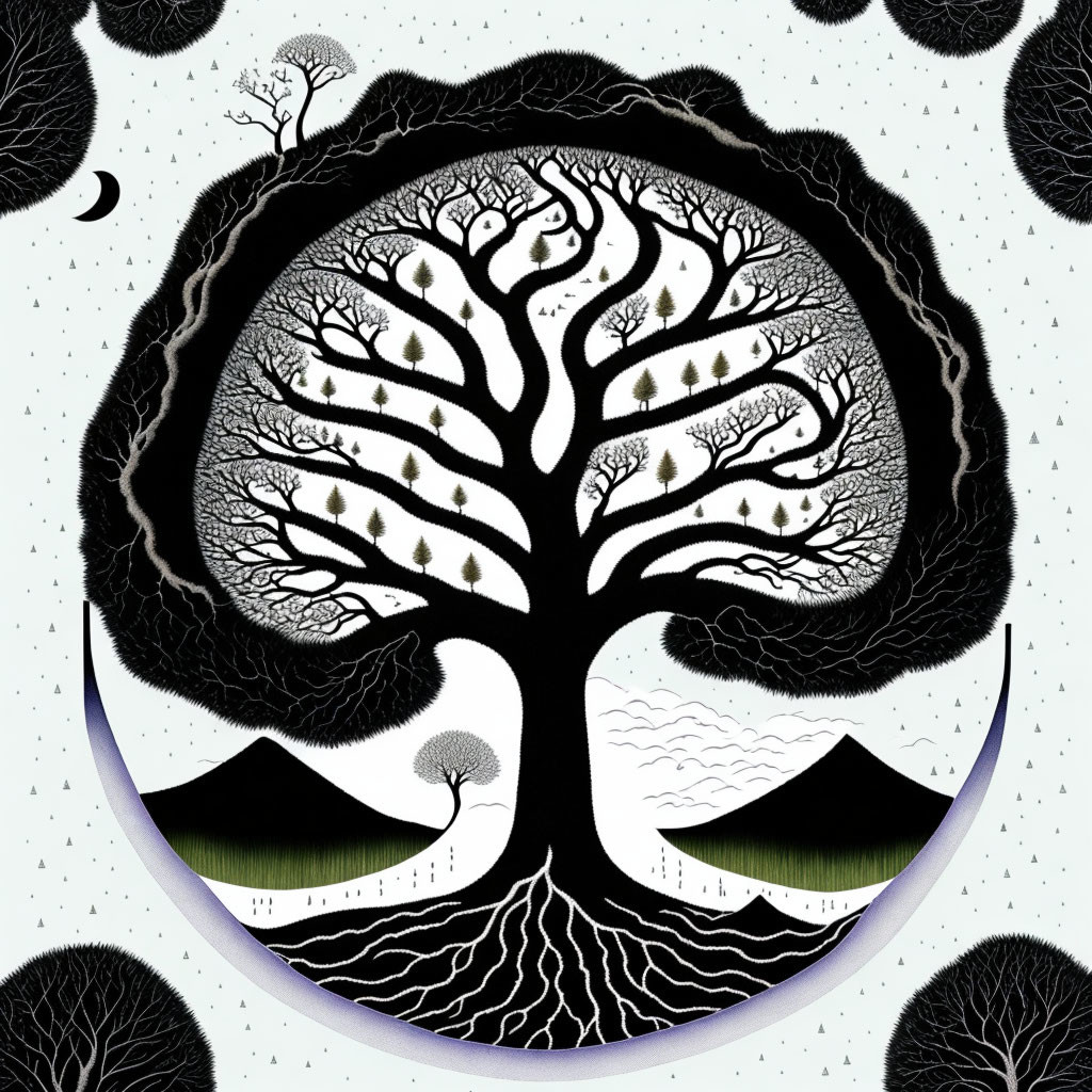 Symmetrical Tree Yin-Yang Symbol with Landscapes Illustration