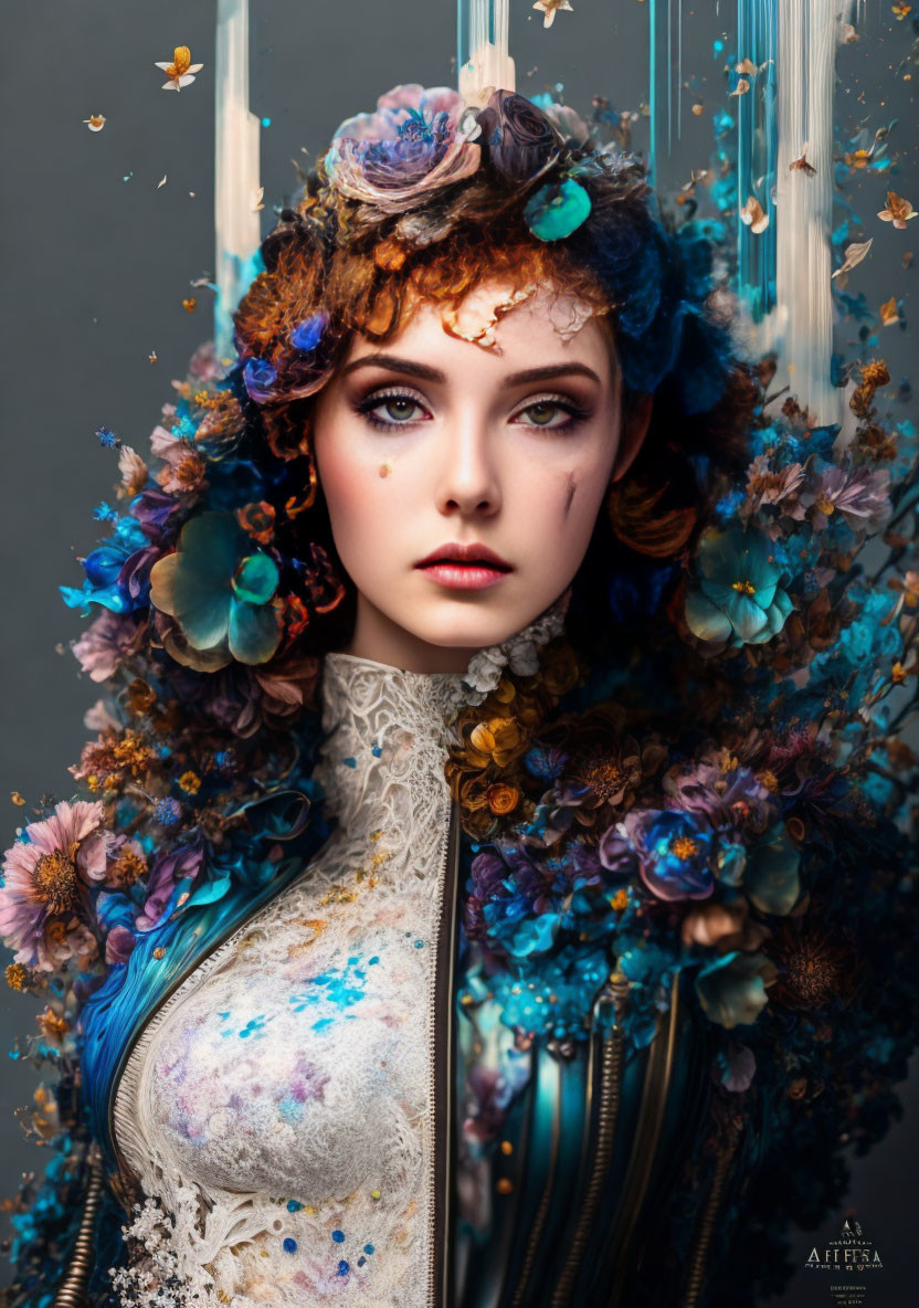 Woman with Colorful Flowers and Ethereal Makeup Portrait