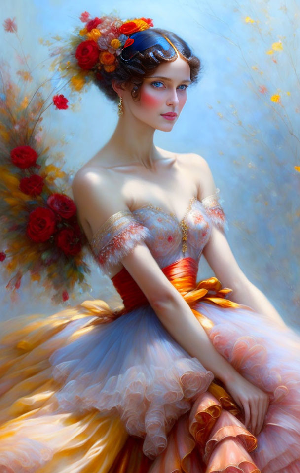 Ethereal portrait of a woman in ornate orange and yellow gown with flowers in hair