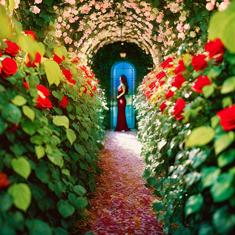 Vibrant garden archway with woman in red dress