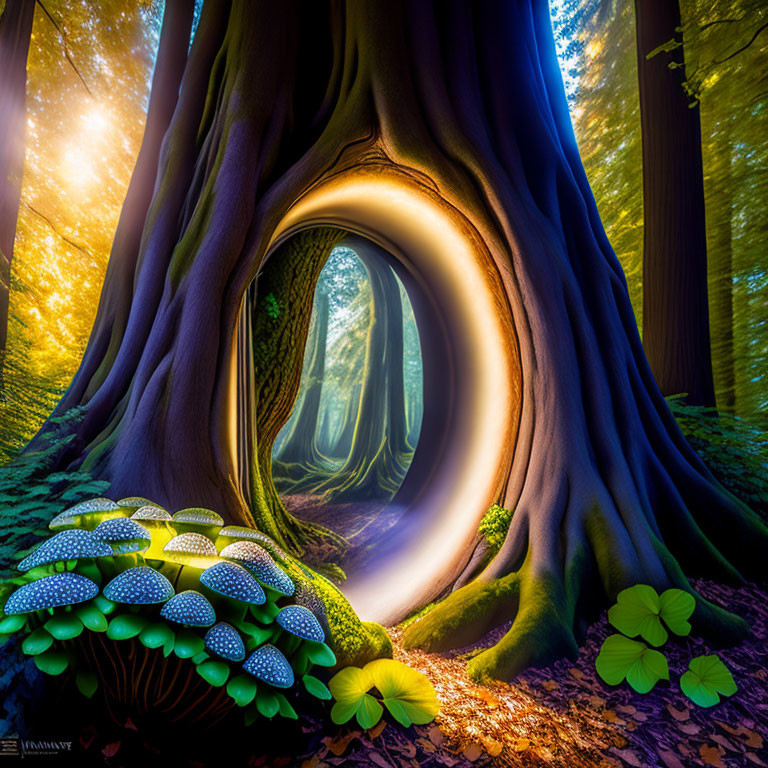 Enchanted forest with glowing tree trunk and mushrooms