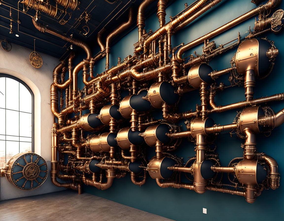 Intricate Steampunk Room with Bronze Pipes, Circular Window, and Cogwheel Clock