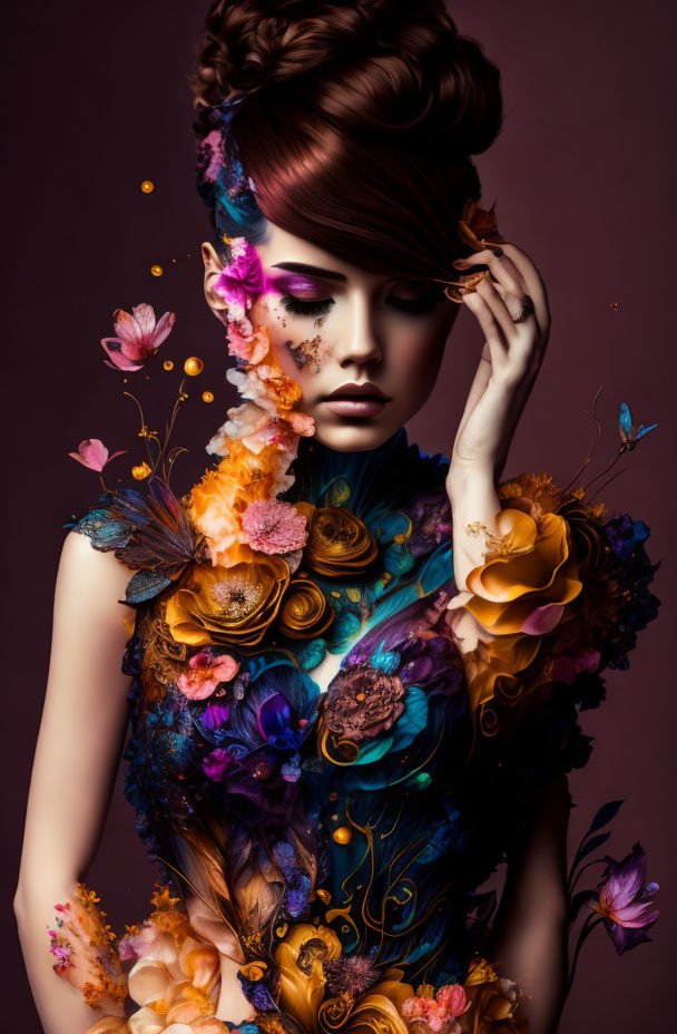 Woman with artistic hairstyle and makeup in vibrant floral dress on maroon backdrop