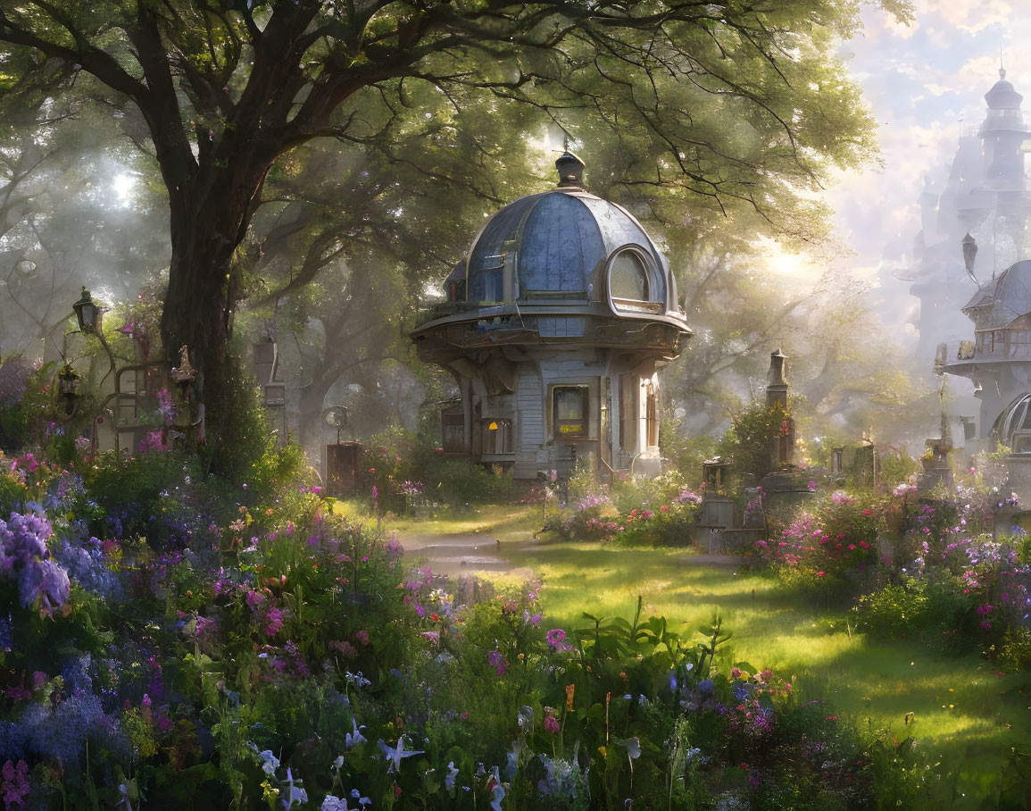 Tranquil fantasy garden with domed structure and lush flora