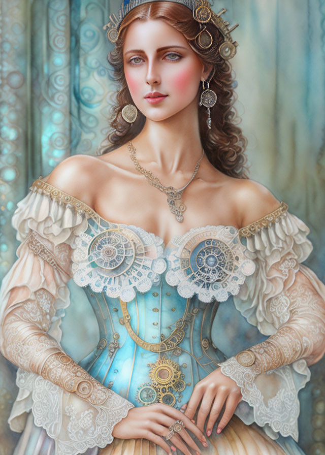 Steampunk-inspired digital artwork of a woman in elegant dress