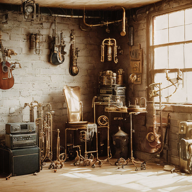 Music studio with brass instruments, guitars, amplifiers, and sunny window view.