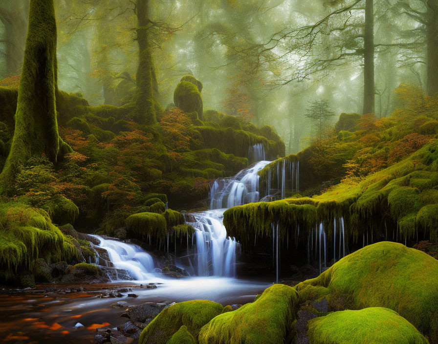 Tranquil forest waterfall in misty ambiance