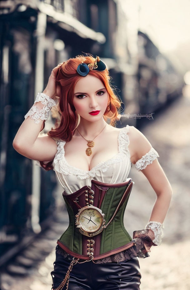 Steampunk-themed woman in corset and goggles on vintage street