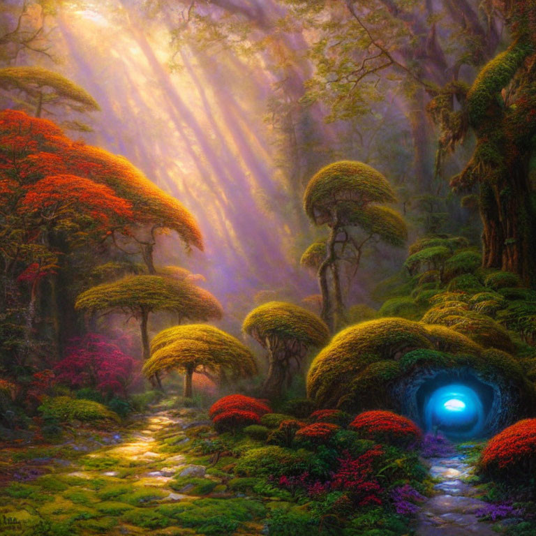 Mystical Forest with Sunlight, Blue Glowing Tunnel & Vibrant Flora