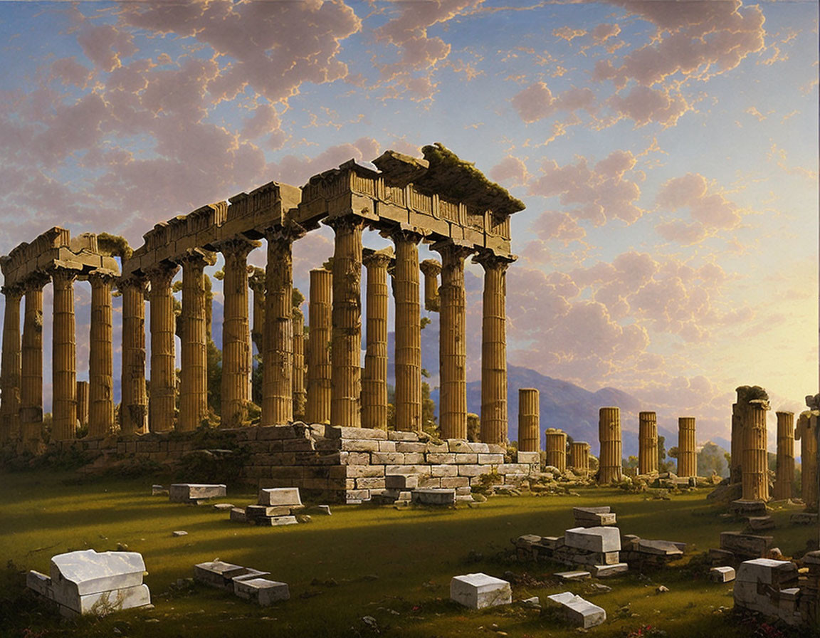 Ancient Greek temple with Doric columns at sunset amid scattered clouds