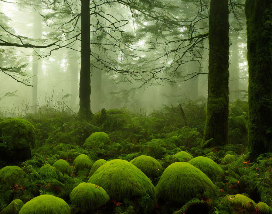 Ethereal misty forest with moss-covered rocks and dense green trees