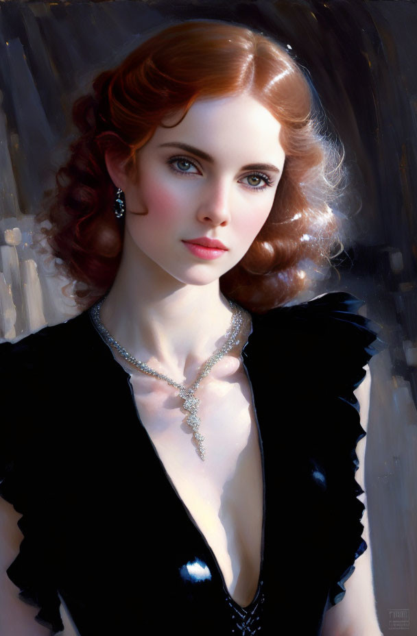 Portrait of woman with red hair in black dress & necklace